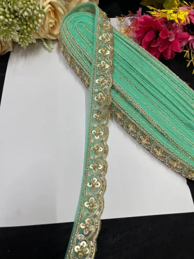 Handcrafted Katdana Saree Maggam work Embellished Border Lace - Sea Green